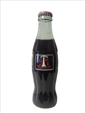Coca-Cola Clear Glass Bottle with Red and Black 25th Anniversary Label 1972-1997